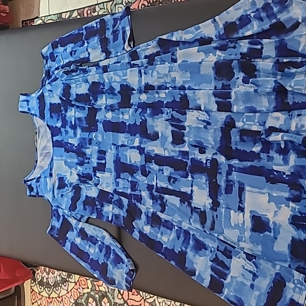 Susan Graver cold shoulder 3/4 sleeve blue print dress - Picture 1 of 3